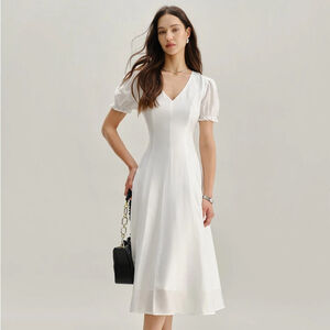 RIHOAS White Puffed Sleeve V Neck Midi Dress XL